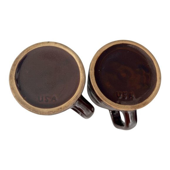 Vintage USA Pottery Brown Drip Barrel Mugs – Set of 2 – 1950s–1970s - Picture 2 of 6